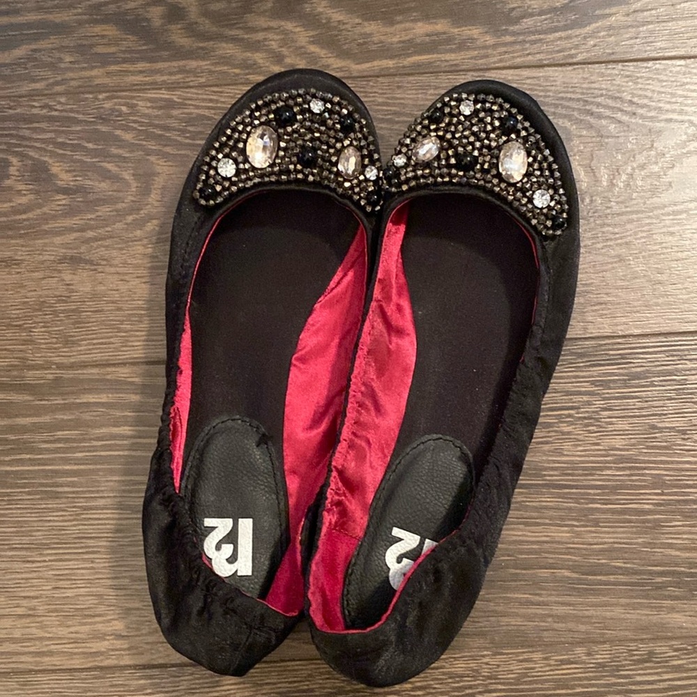 75. R2 Ballerina Flats Size 9? Black With Coloured Glass Stones
